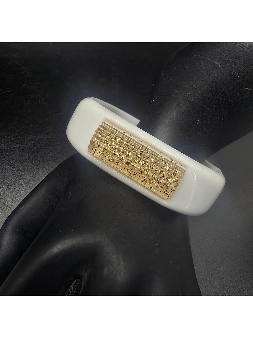 White Plastic Bangle Bracelet with Gold Glitter Accent Vintage 1970s Jewelry